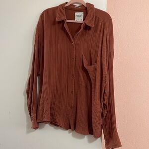 Abercrombie oversized burnt orange gauzy button up shirt, size XL EUC